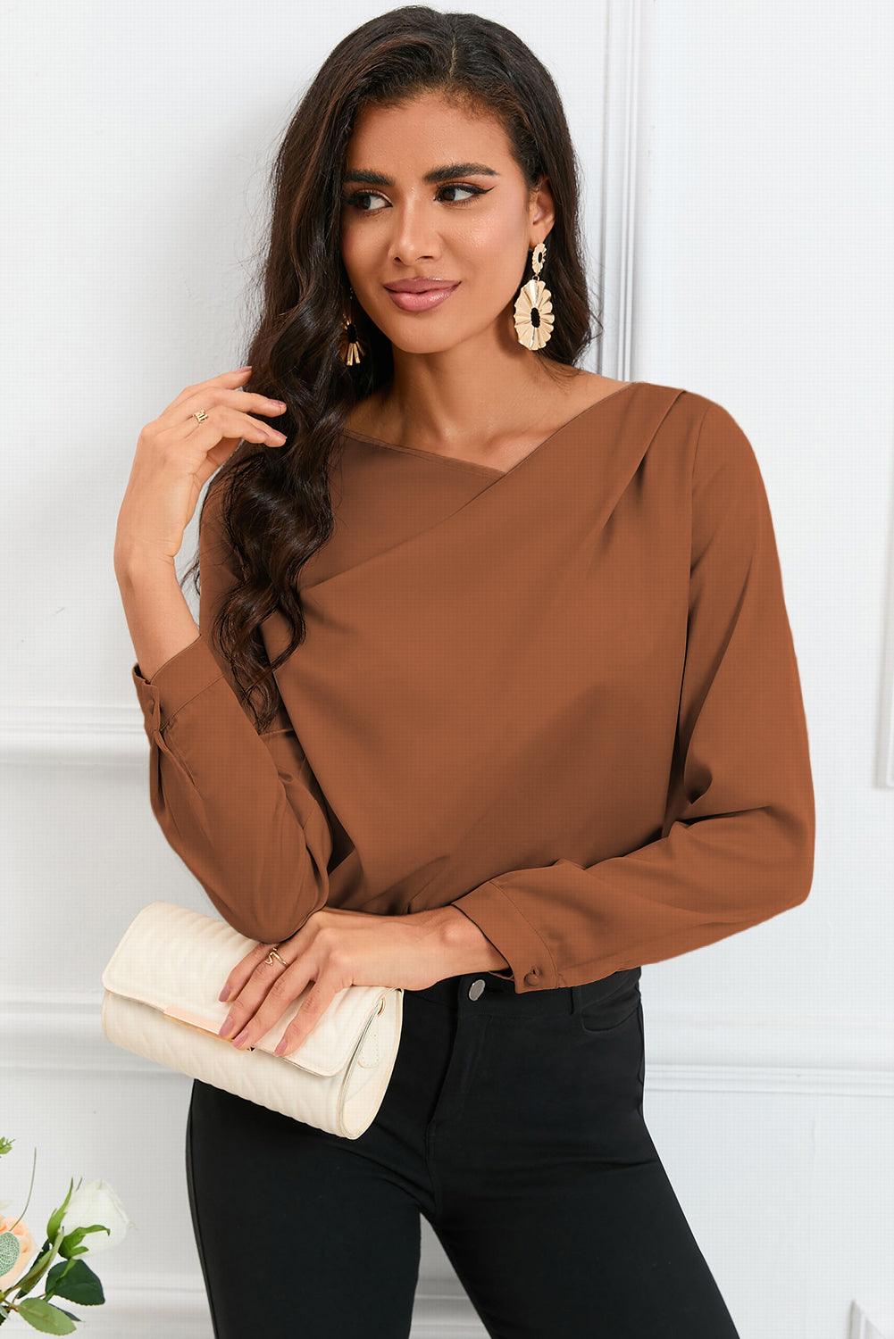 Solid Asymmetric V Neck Long Sleeve Satin Blouse - L & M Kee, LLC