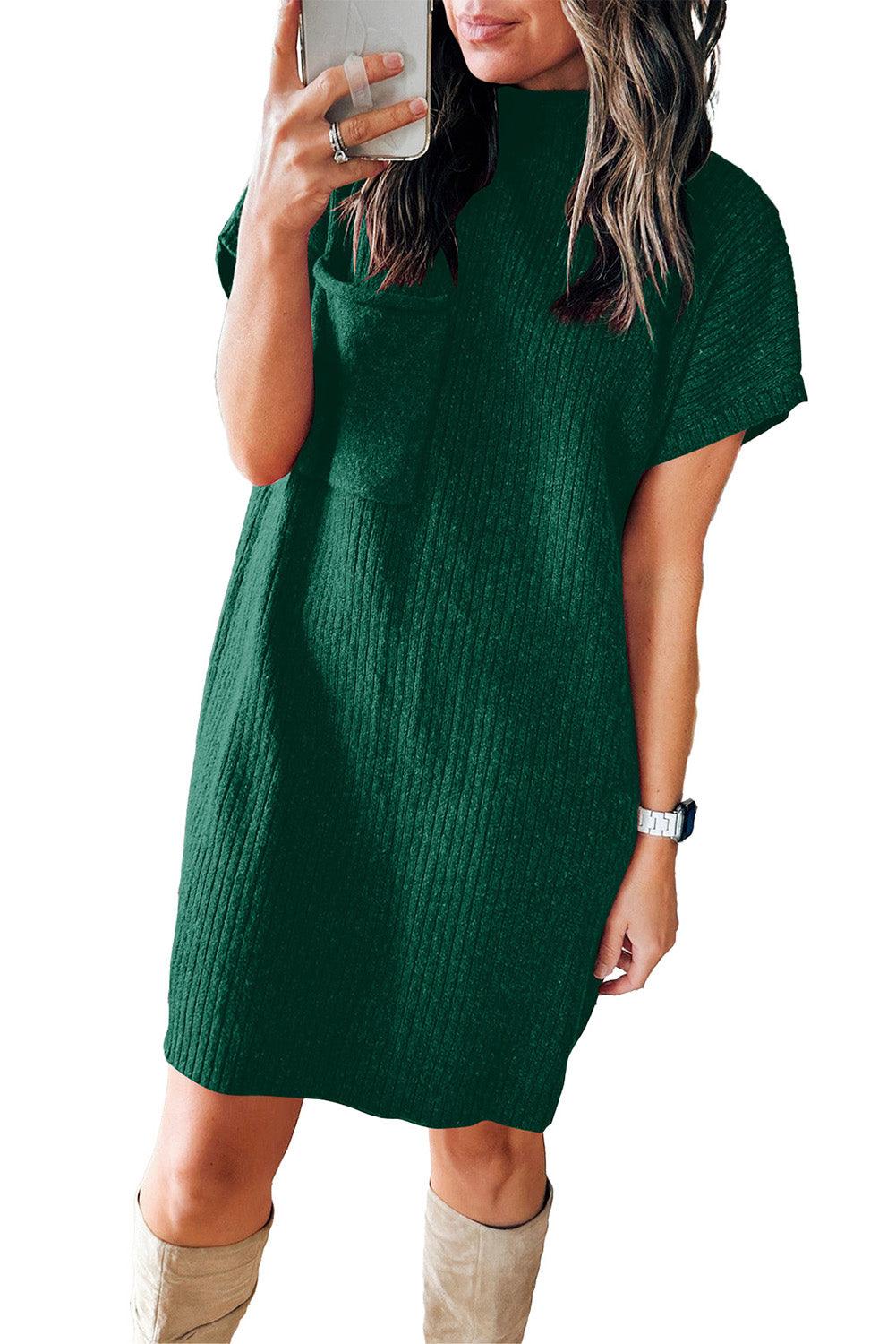 Blackish Green Patch Pocket Ribbed Knit Short Sleeve Sweater Dress - L & M Kee, LLC