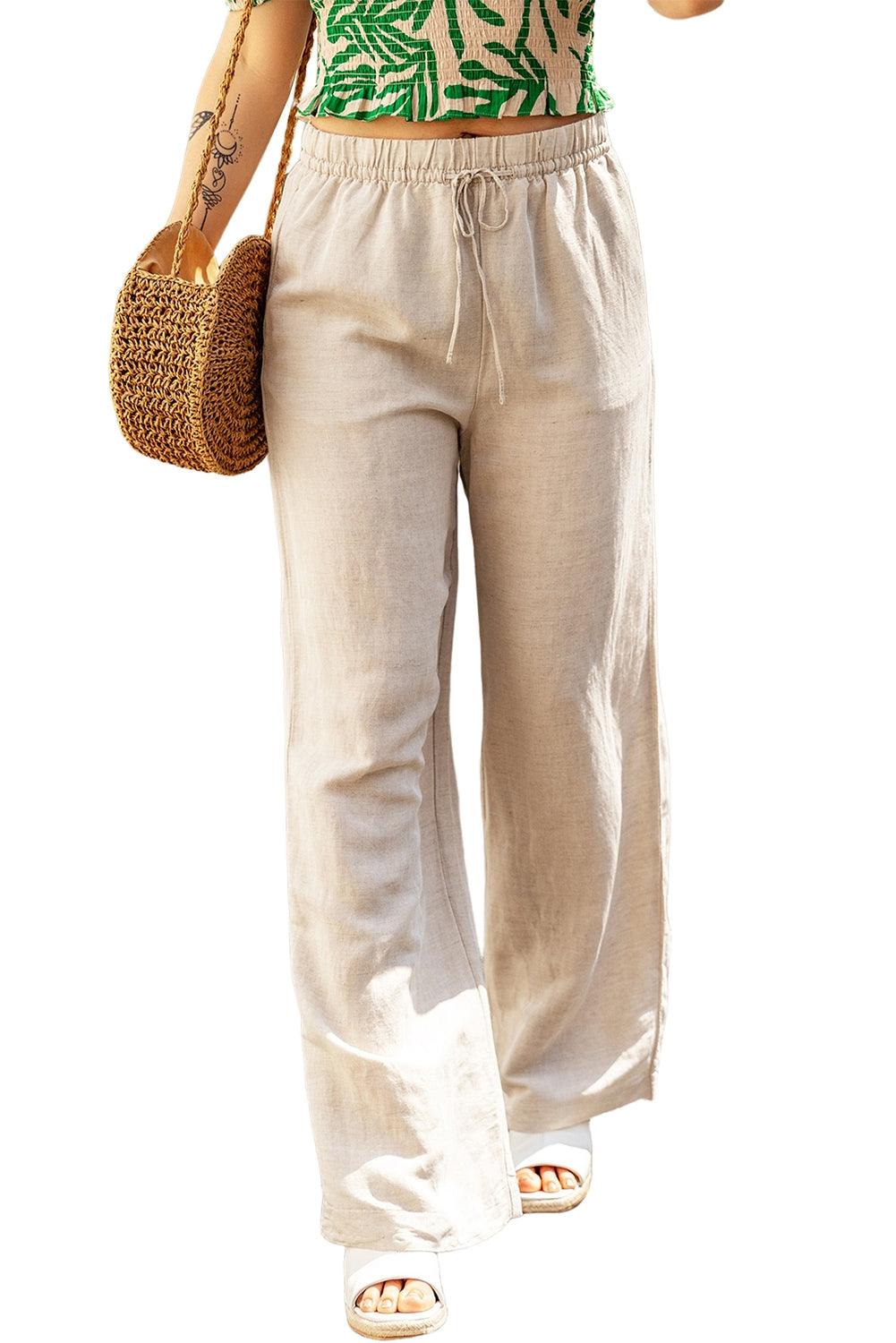 Apricot Linen Elastic Drawstring Waist Loose Pants - L & M Kee, LLC