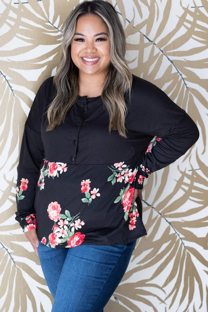 Black Plus Size Floral Printed Splicing Half Button Top - L & M Kee, LLC