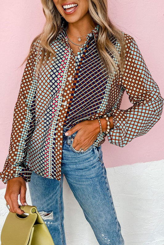 Dot Print Long Sleeve Button Down Shift Shirt - L & M Kee, LLC