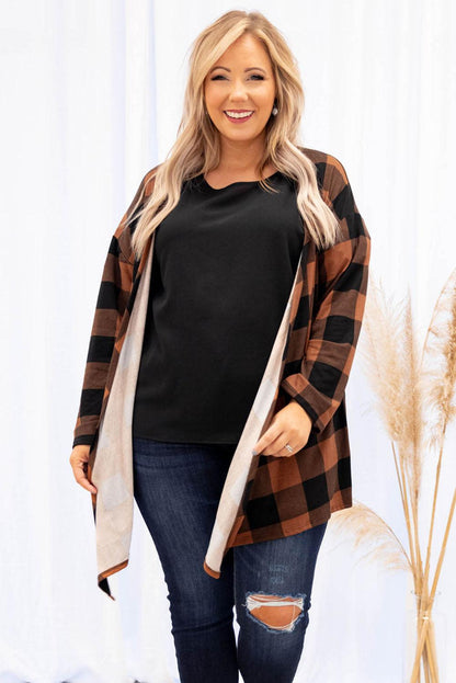 Plus Size Plaid Pattern Open Front Cardigan - L & M Kee, LLC