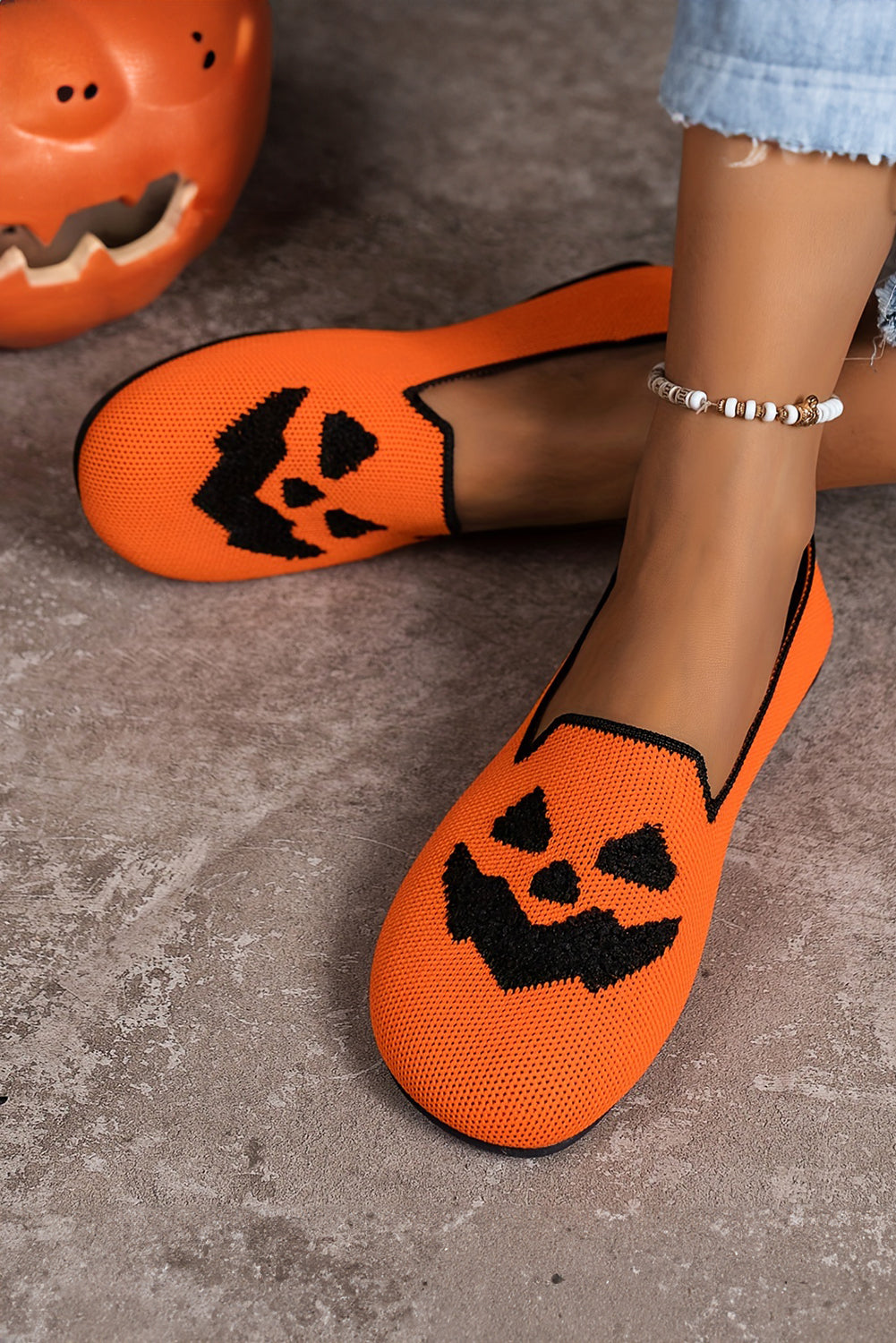 Orange Halloween Pumpkin Face Slip On Flats