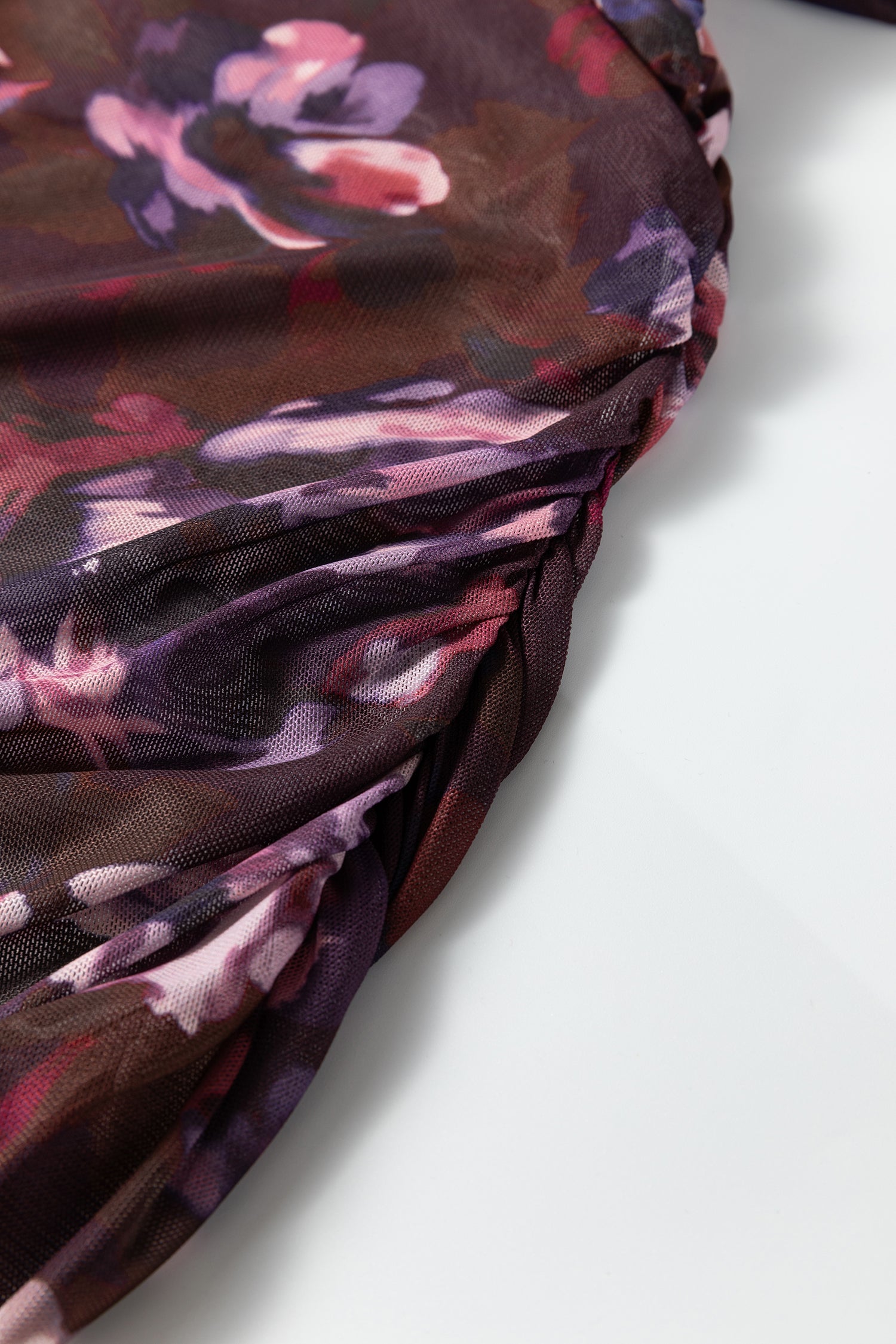 Brown High Neck Ruched Floral Mesh Top