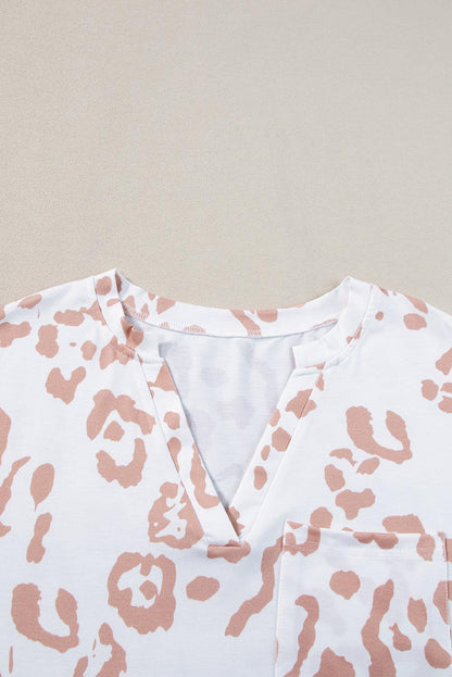 White Plus Size Leopard Print V Neck Short Sleeve Top - L & M Kee, LLC