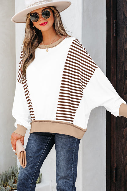 Brown Stripe Colorblock Patchwork Contrast Stitching Oversize Sweatshirt