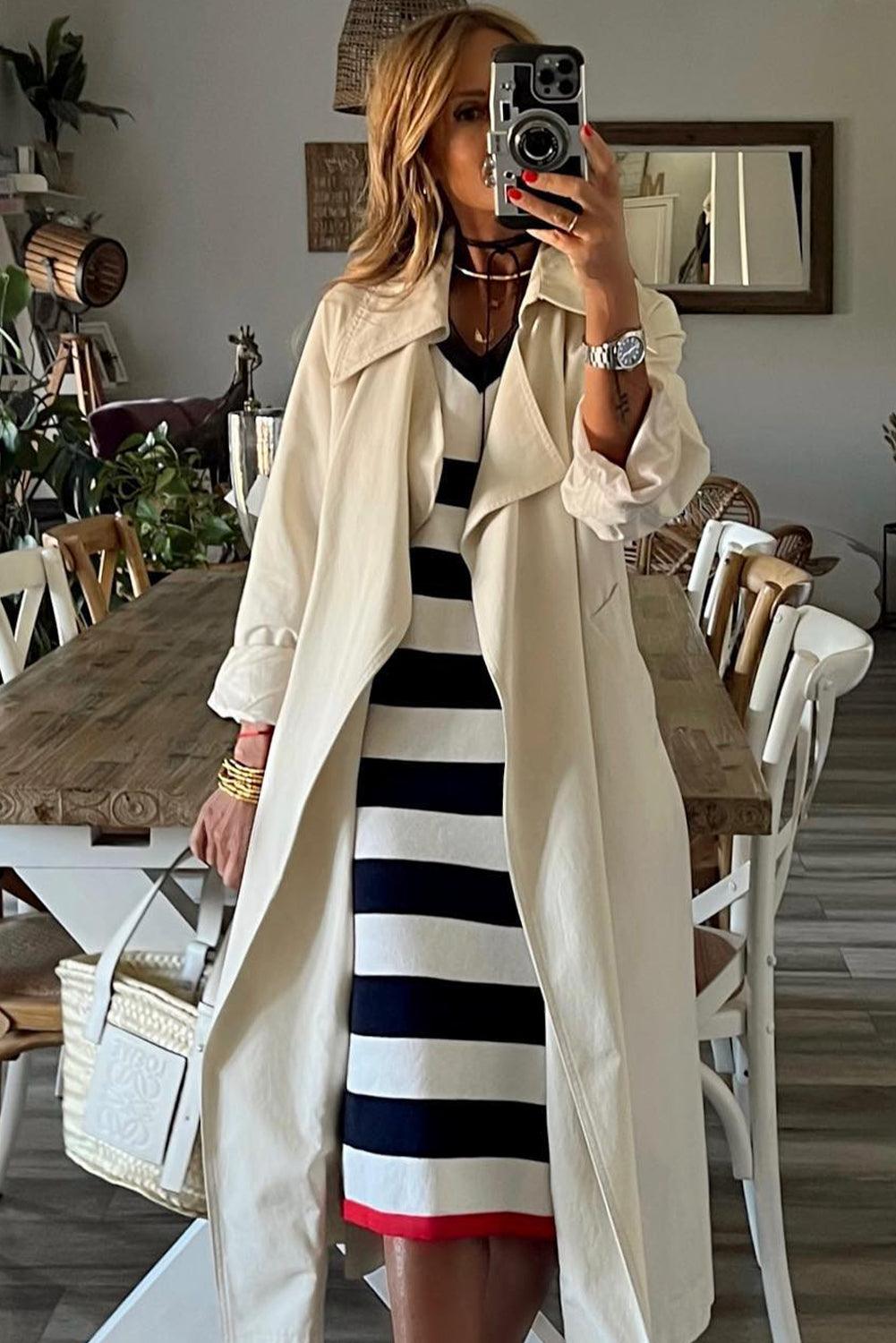 Stripe V Neck Cap Sleeve Midi Dress - L & M Kee, LLC