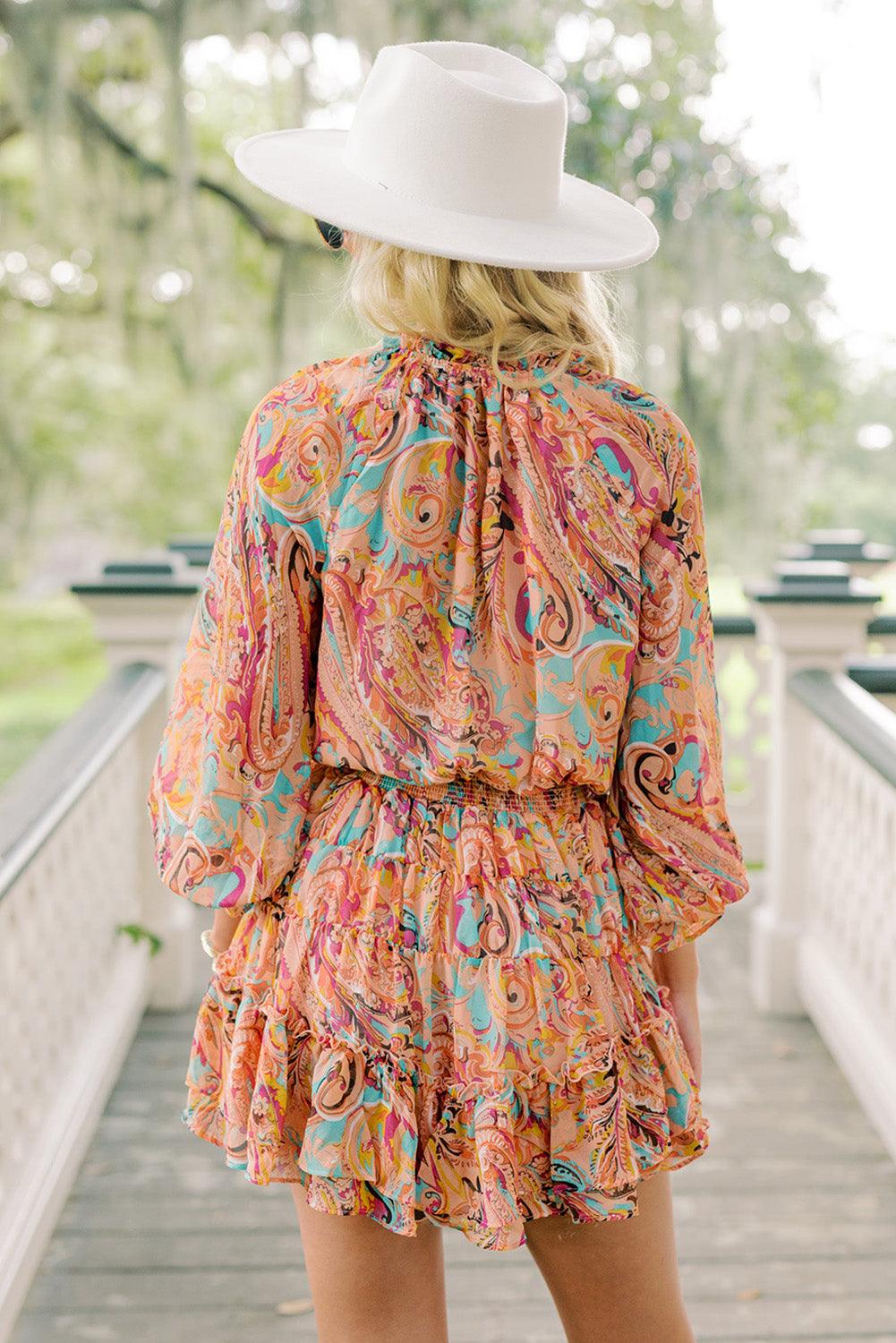 Multicolour Paisley Print Frilled Mini Dress - L & M Kee, LLC