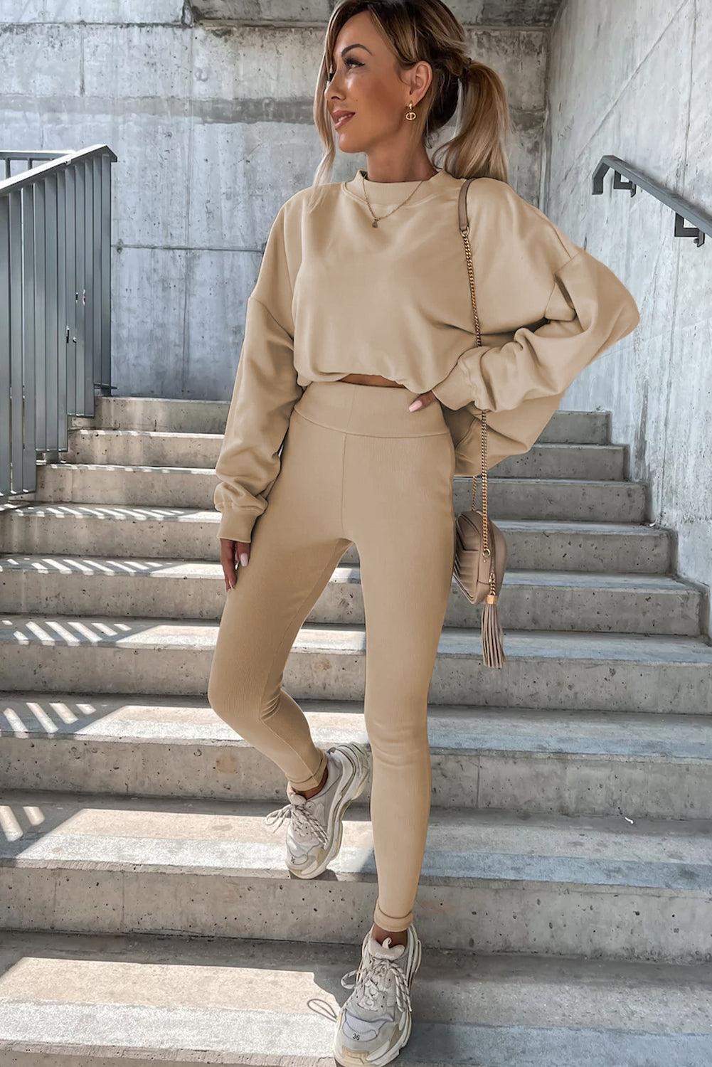 Beige Solid Sweatshirt and Leggings Two Piece Set - L & M Kee, LLC