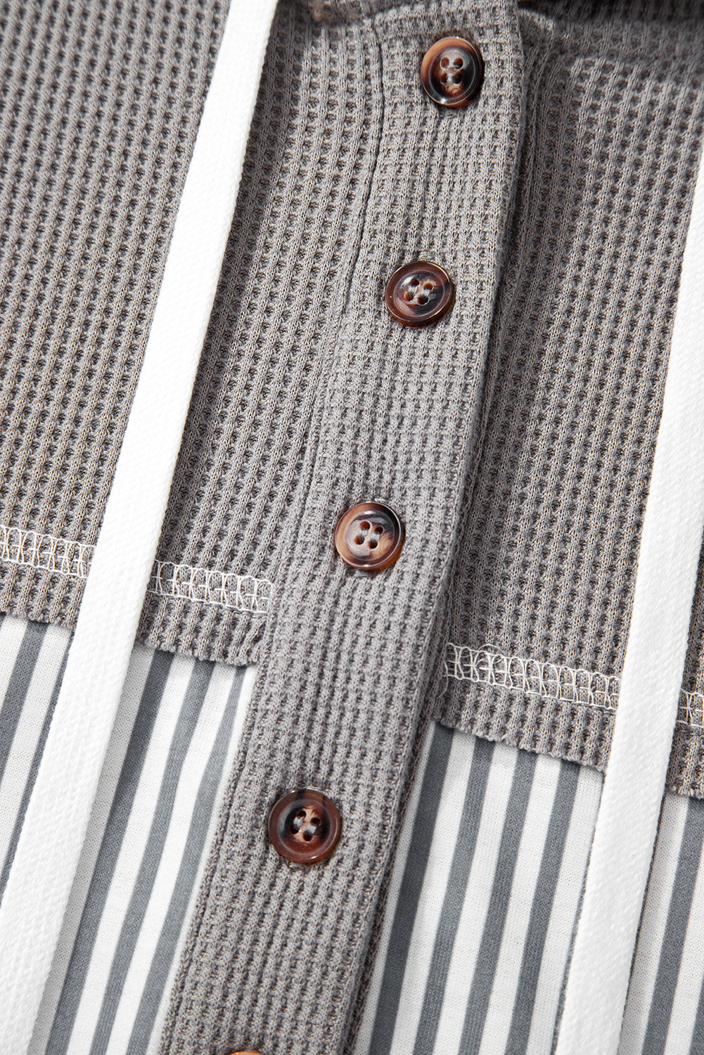 Gray Waffle Printed Patchwork Drawstring Hooded Long Sleeve Top