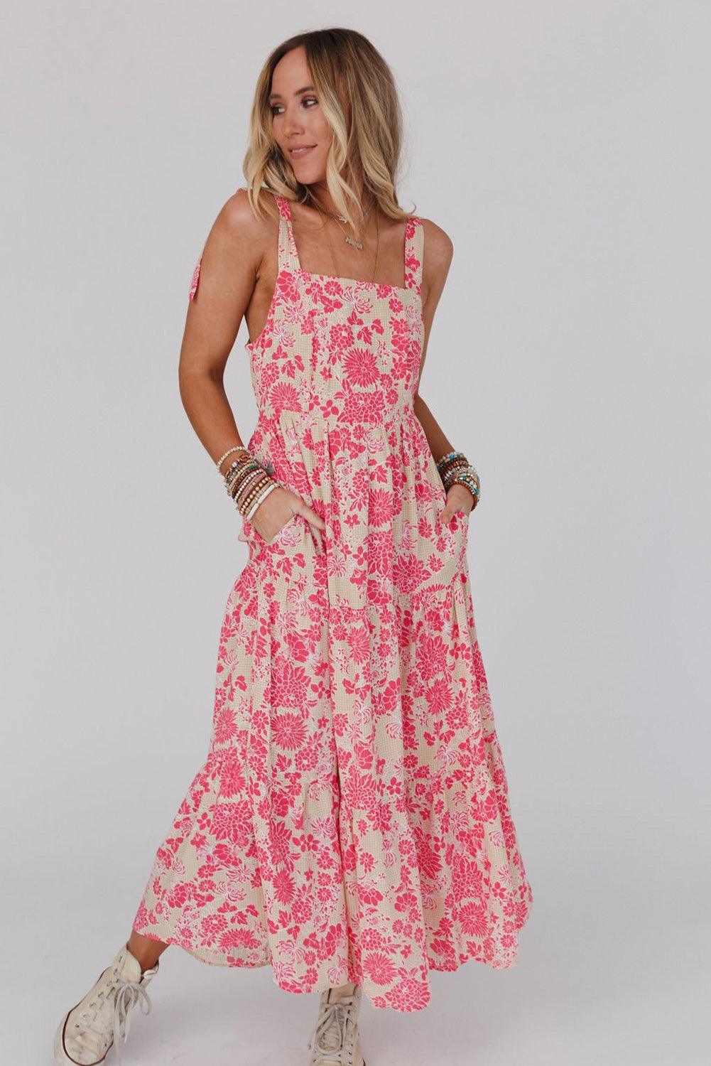 Gingham Floral Tie Shoulder Maxi Dress - L & M Kee, LLC