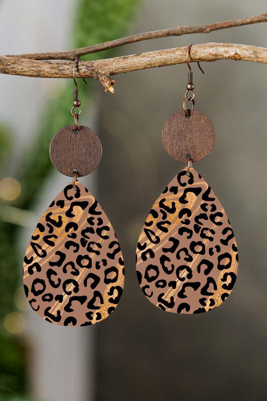 Chestnut Round Wood Leopard Print Drop Earrings - L & M Kee, LLC