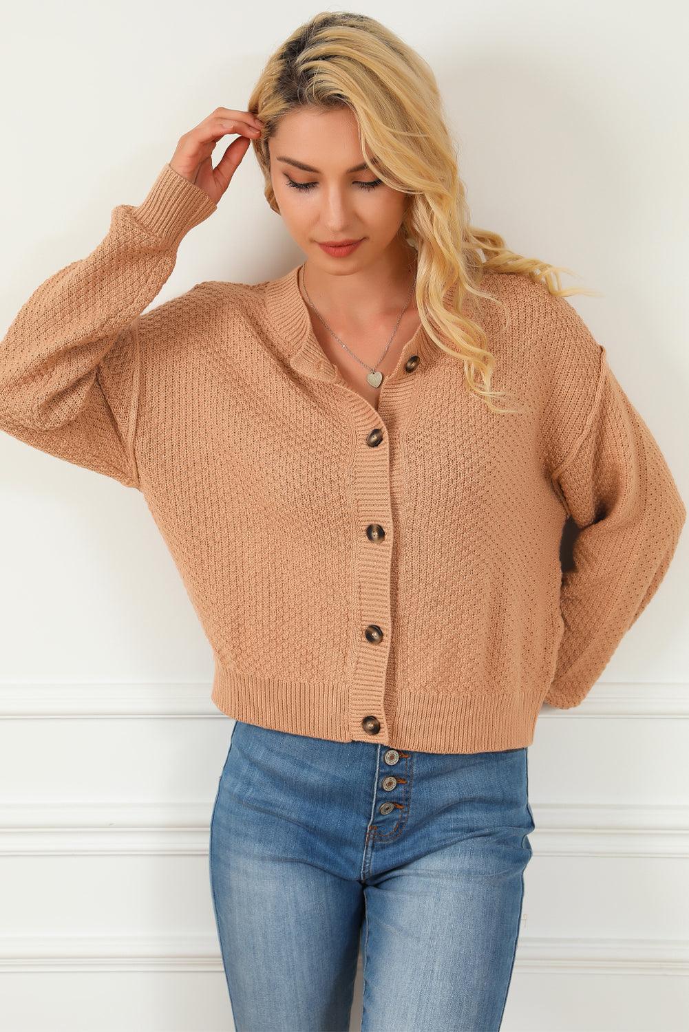 Khaki Button Front Drop Shoulder Knitted Cardigan - L & M Kee, LLC