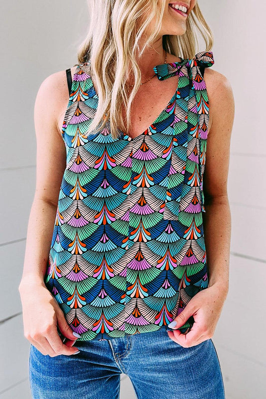 Printed Knotted Shoulder Tank Top - L & M Kee, LLC