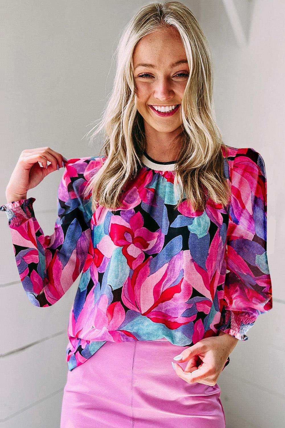 Multicolor Floral Print Ruched Sleeve Puff Sleeve Blouse - L & M Kee, LLC