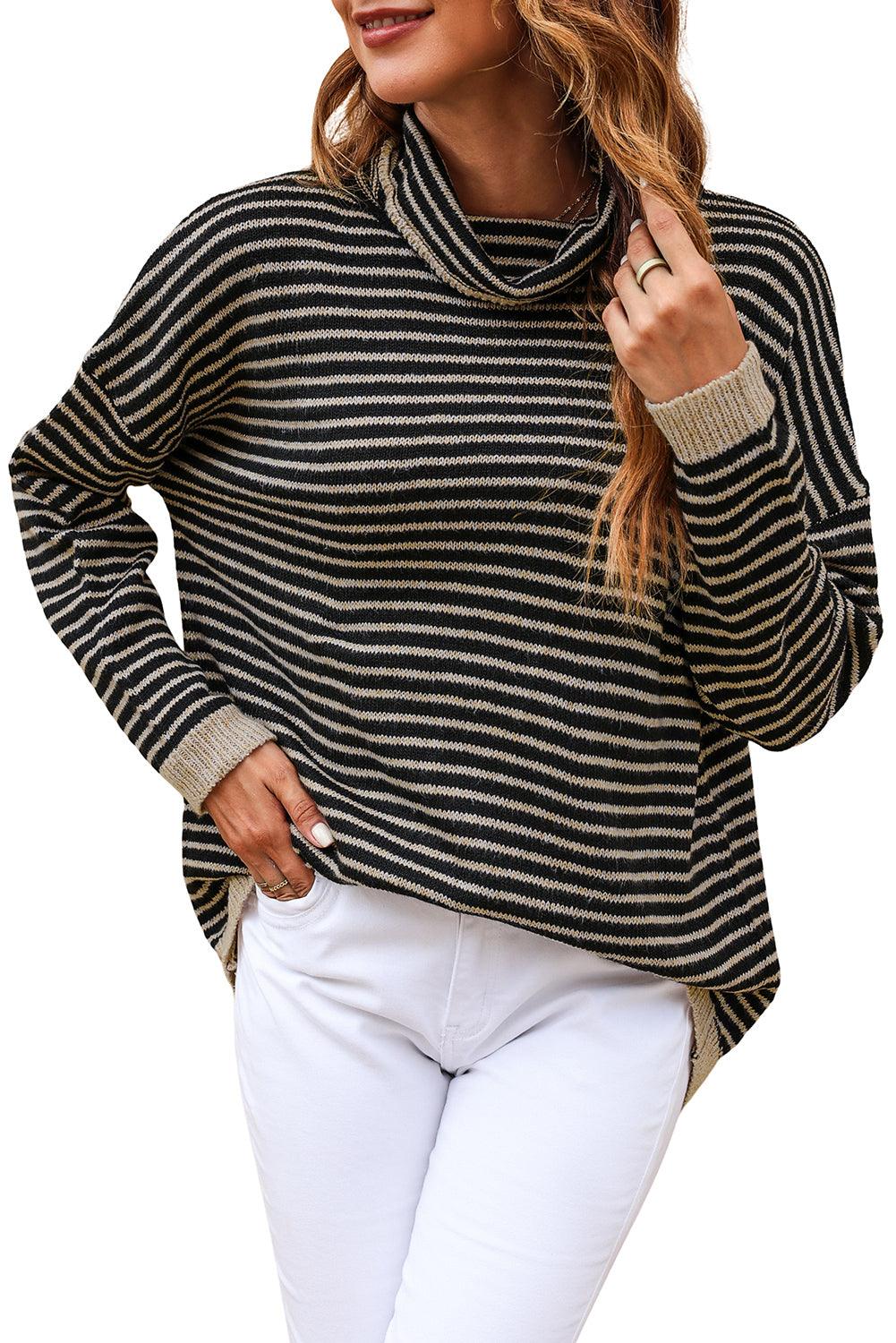 Black Striped Turtleneck Loose Sweater - L & M Kee, LLC