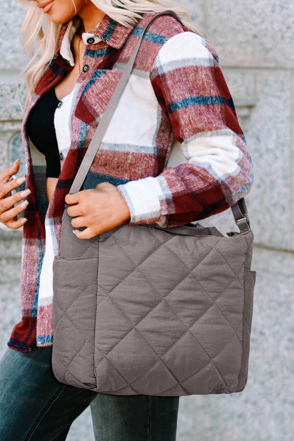 Dark Grey Quilted Zipped Large Capacity Shoulder Bag