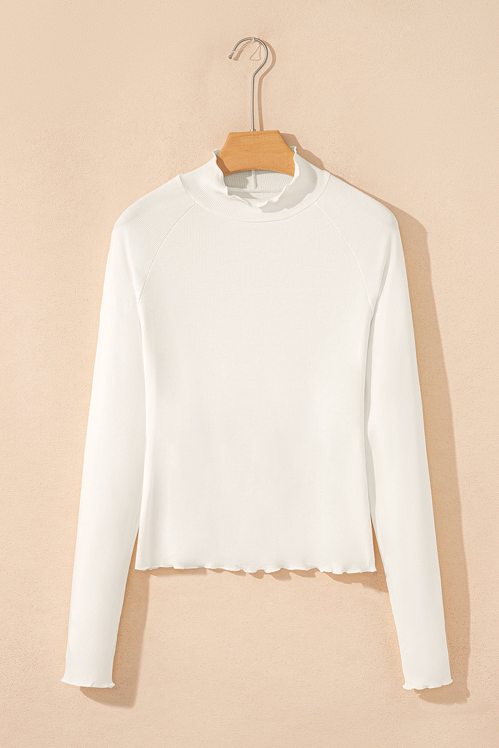 Black Ribbed Knit Lettuce Trim High Neck Long Sleeve Top