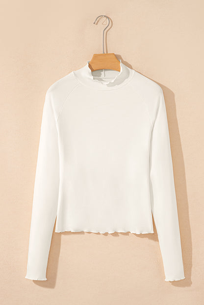 Black Ribbed Knit Lettuce Trim High Neck Long Sleeve Top