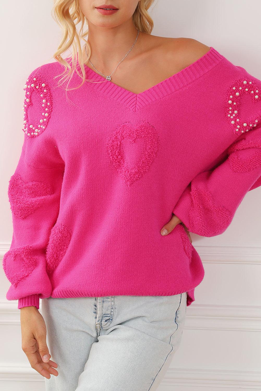 Rose Red Pearl Embellished Fuzzy Hearts V Neck Sweater - L & M Kee, LLC