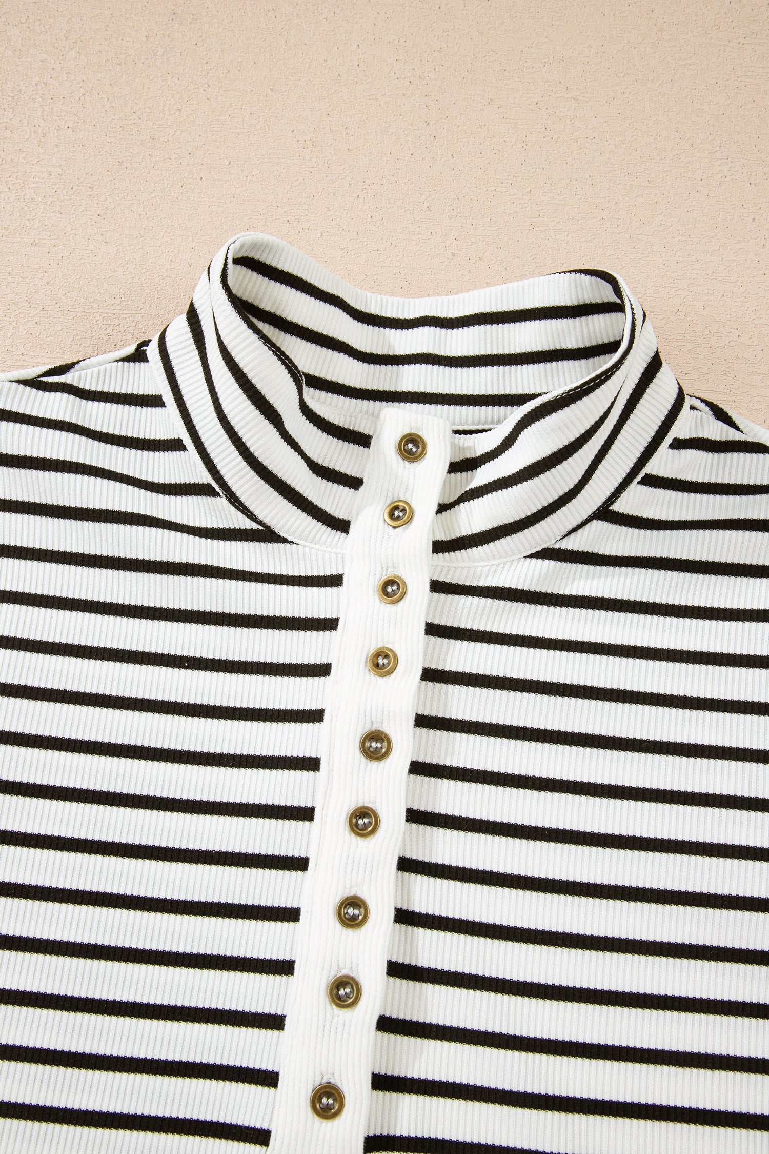 Black Stripe Ribbed Knit Half Button Long Sleeve Slim Top