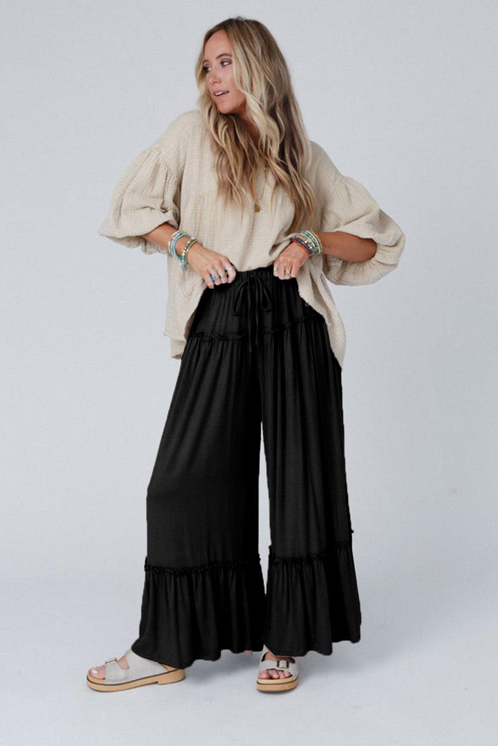 Black Frilled Drawstring High Waist Wide Leg Pants - L & M Kee, LLC