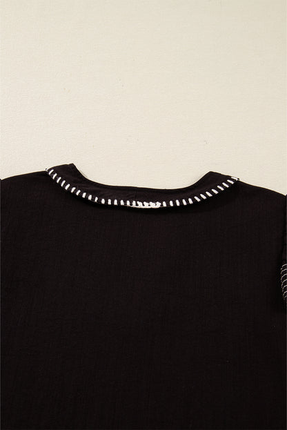 Black Contrast Stitched Detail V Neck Ruffle Long Sleeve Blouse