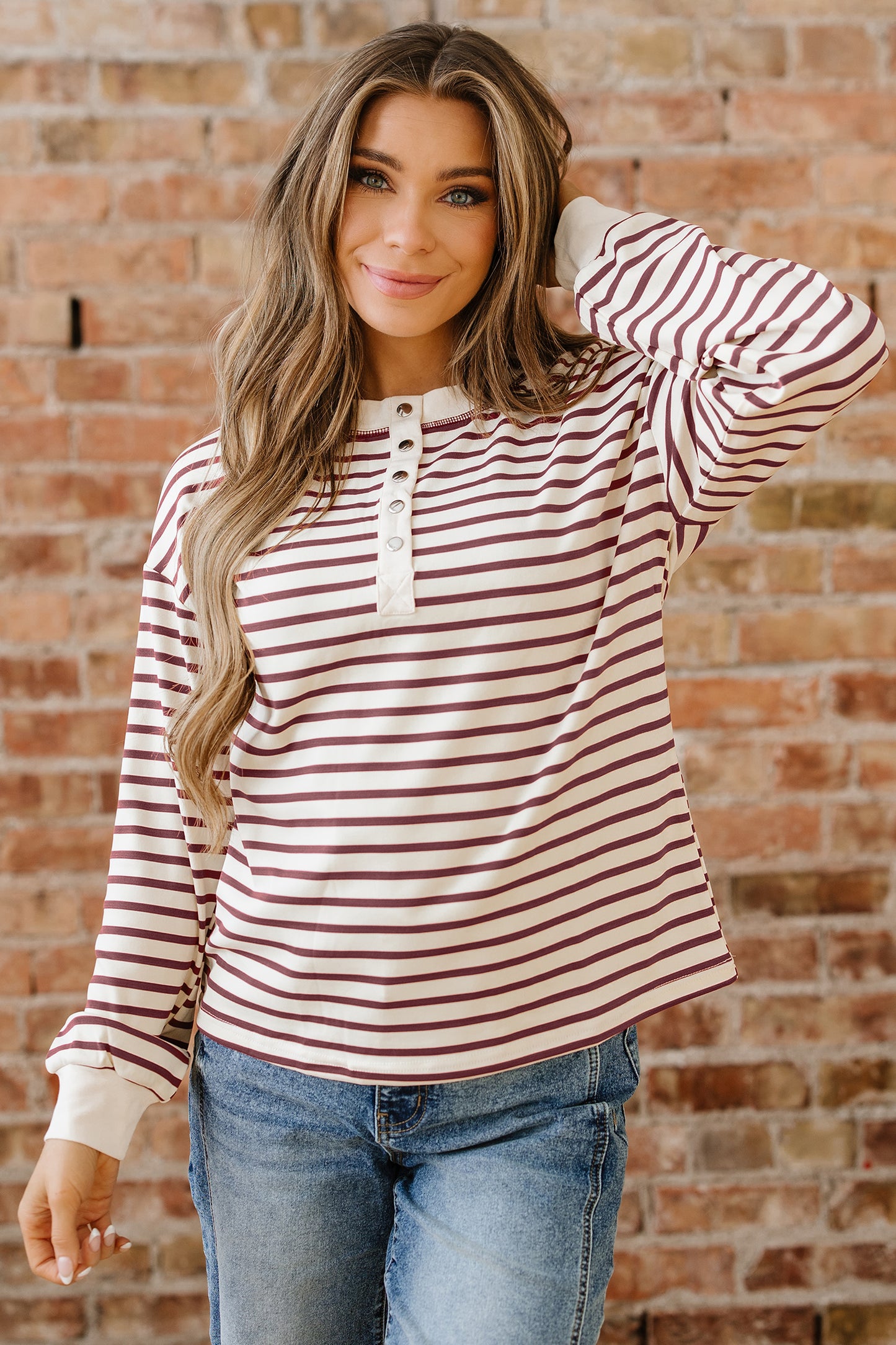 Red Dahlia Striped Print Drop Shoulder Long Sleeve Henley Top