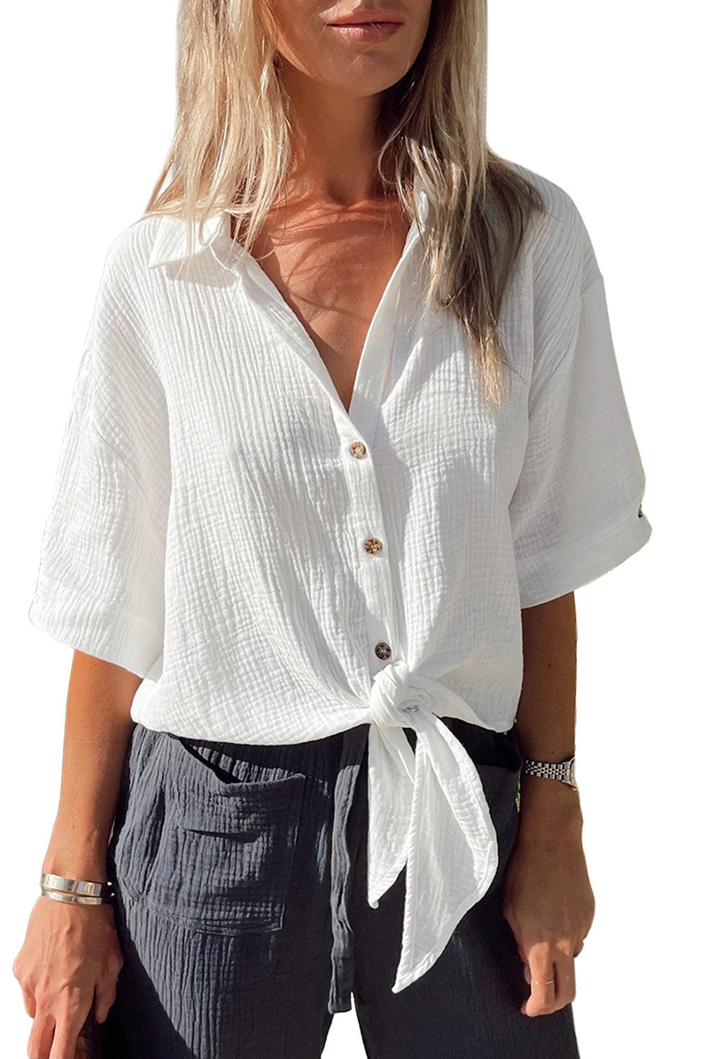 Textured Knotted Button-up Half Sleeve Shirt - L & M Kee, LLC