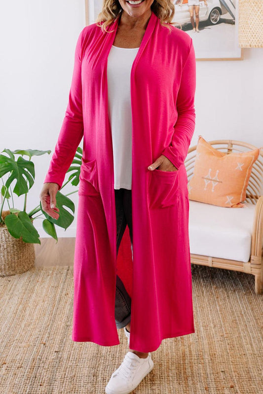 Strawberry Pink Plus Size Side Split Pockets Duster Cardigan - L & M Kee, LLC