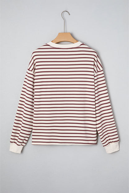 Red Dahlia Striped Print Drop Shoulder Long Sleeve Henley Top