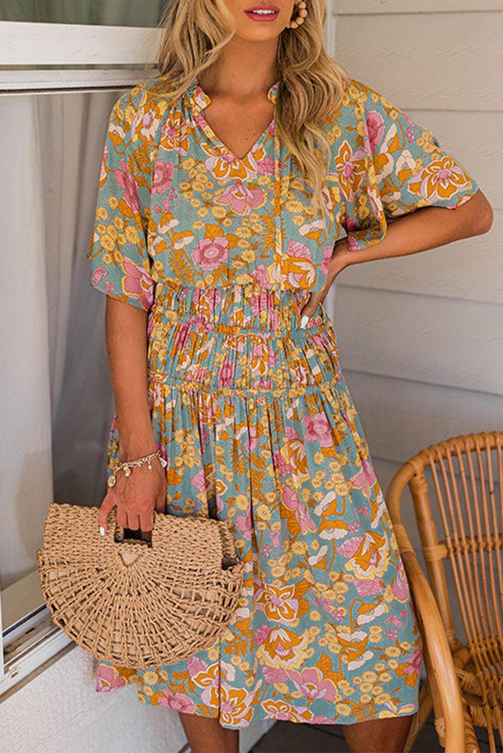 Boho Wide Sleeve Smocked Waist Floral Dress - L & M Kee, LLC