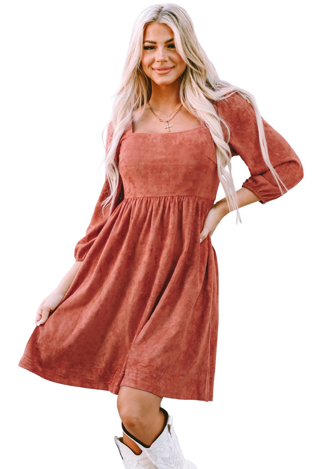 Brown Suede Square Neck Puff Sleeve Dress - L & M Kee, LLC