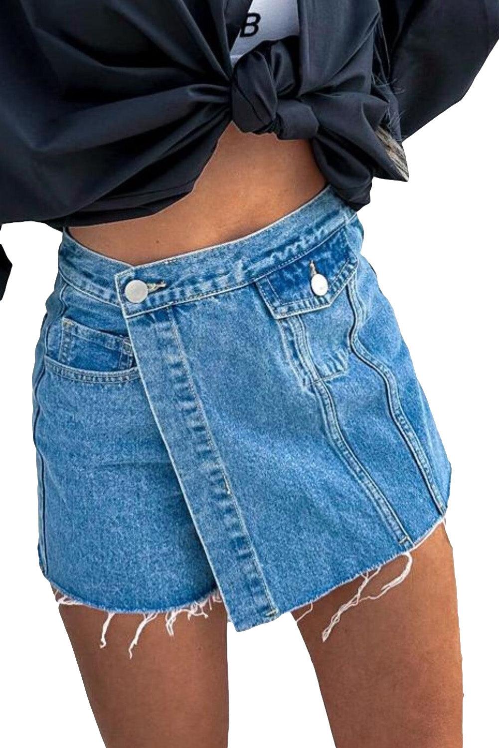 Sky Blue Button Wrap Over Raw Hem Denim Shorts - L & M Kee, LLC