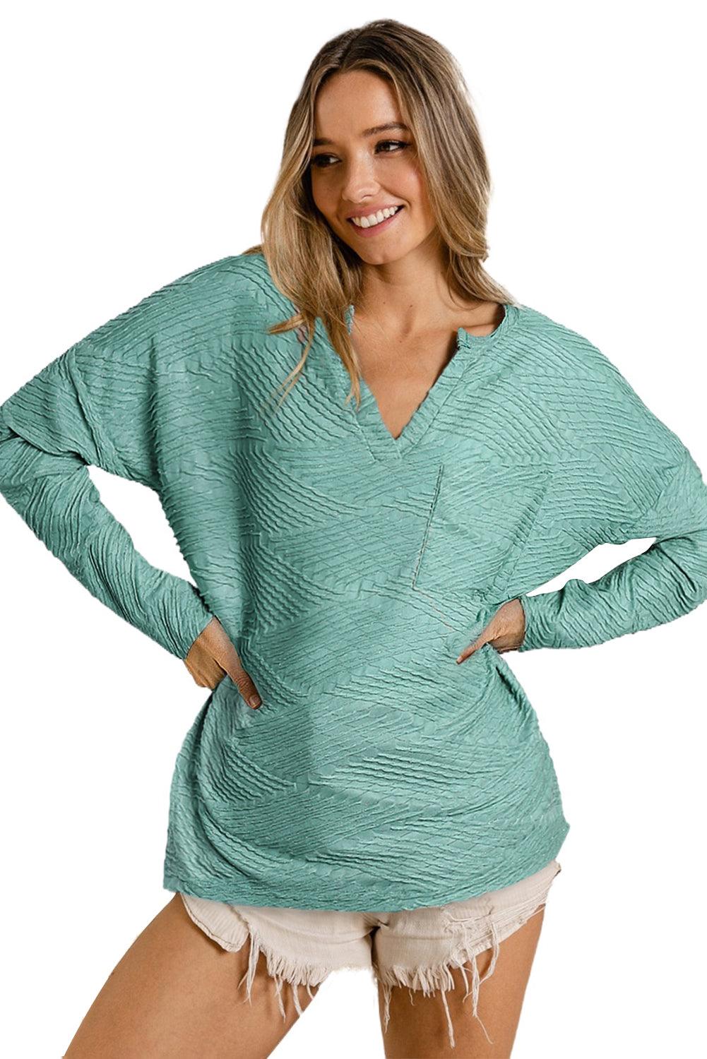 Green Textured Split Neck Long Sleeve Top - L & M Kee, LLC