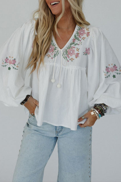 White Flower Lace-up V Neck Babydoll Blouse
