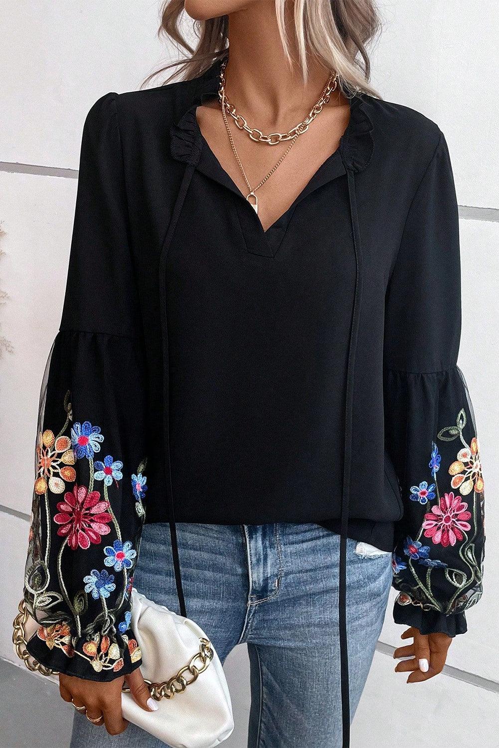 Black Floral Patched Flounce Sleeve Split Neck Blouse - L & M Kee, LLC