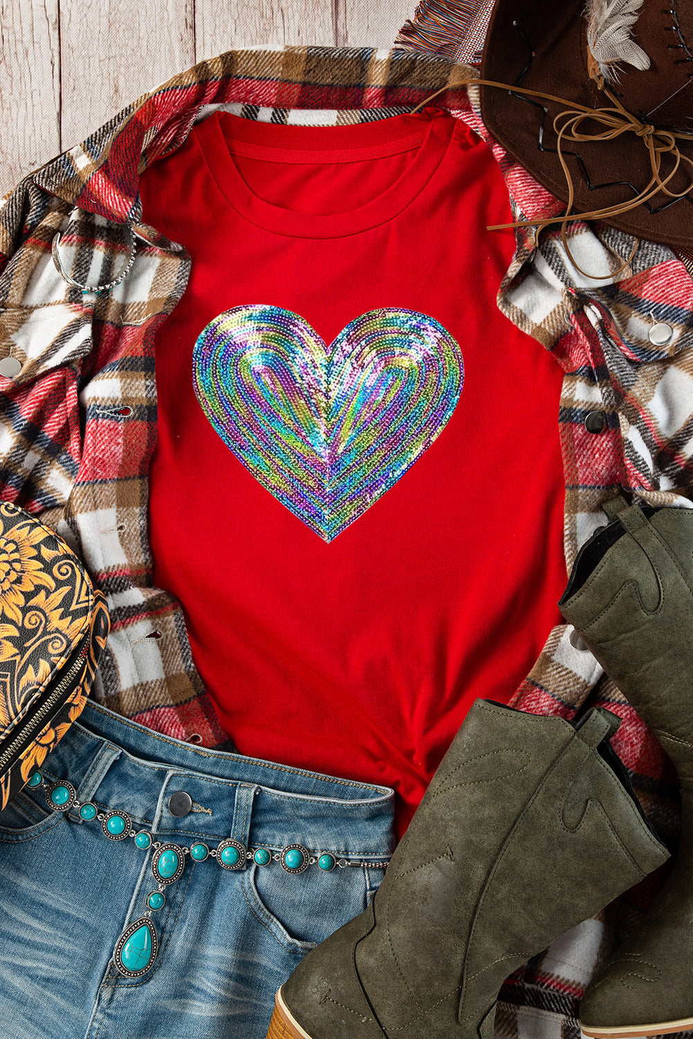 Red Rainbow Sequin Heart Shape Crew Neck T Shirt