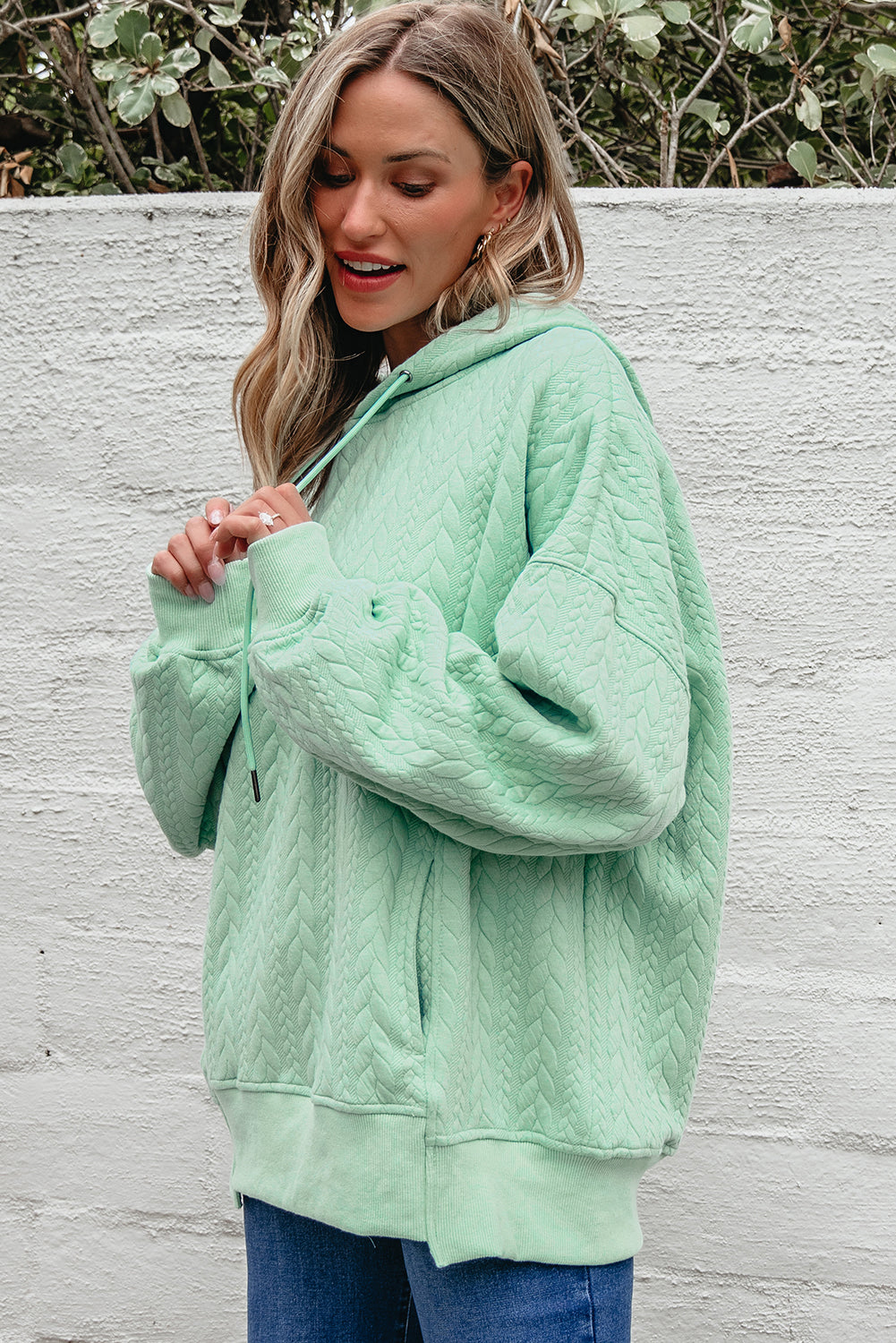 Moonlight Jade Cable Textured Baggy Solid Hoodie