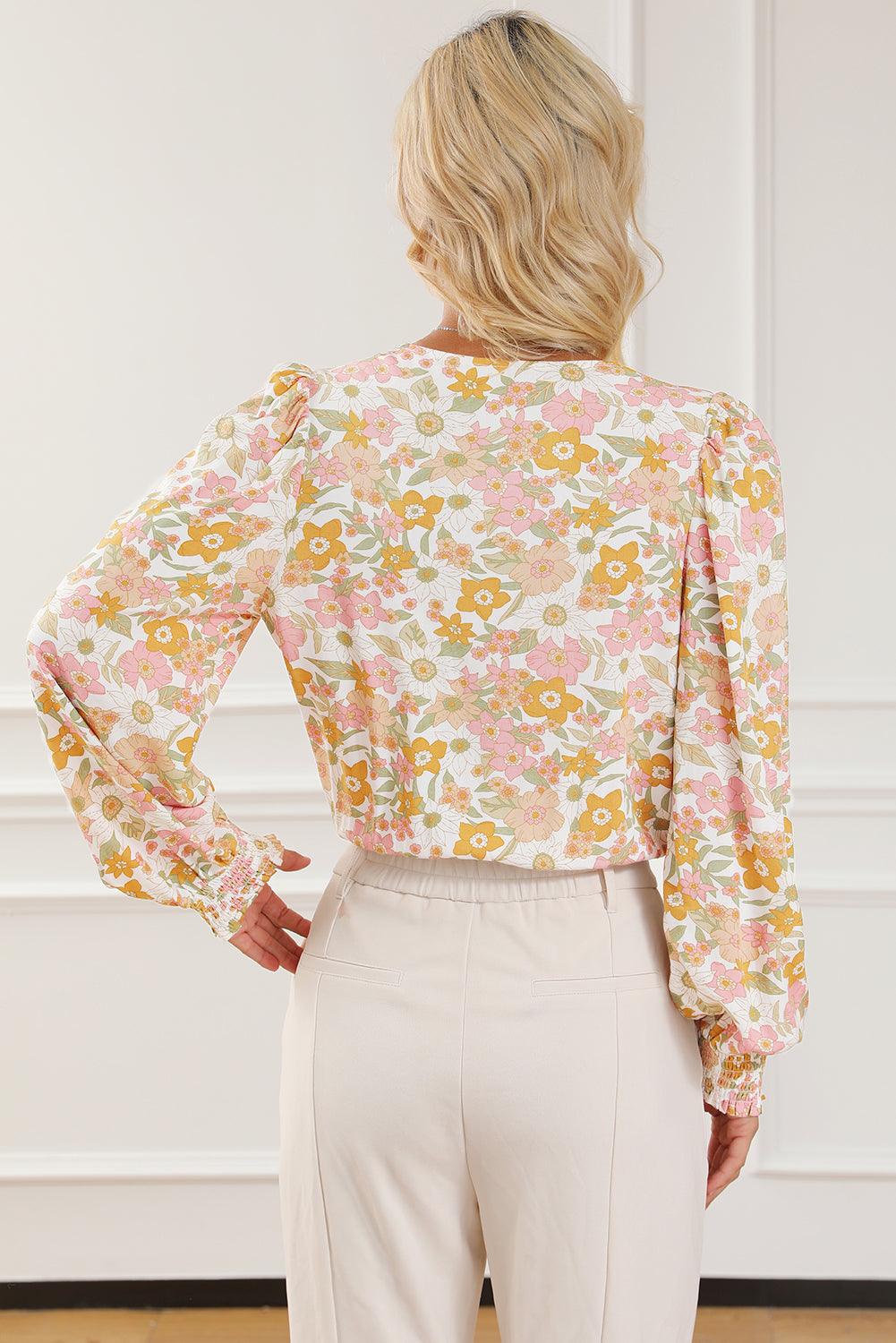 Multicolor Shirred Puff Sleeve V Neck Floral Bodysuit - L & M Kee, LLC