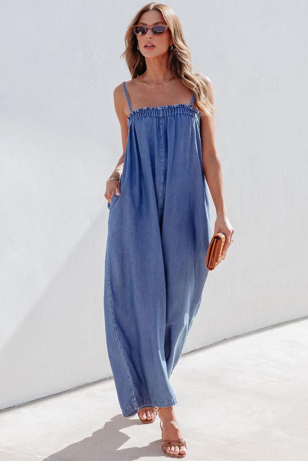 Blue Spaghetti Straps Frilled Neckline Pocketed Wide Leg Denim Jumpsuit - L & M Kee, LLC