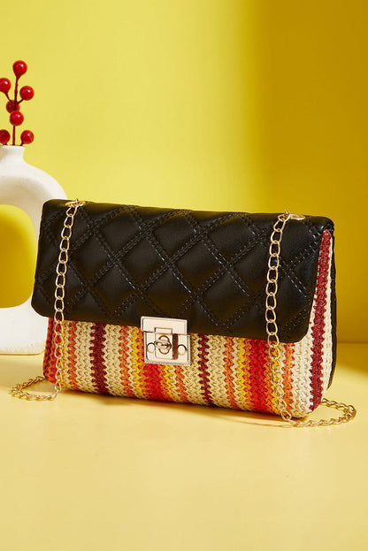 Black Quilted Flap Printed Knit Chain Single Shoulder Bag - L & M Kee, LLC