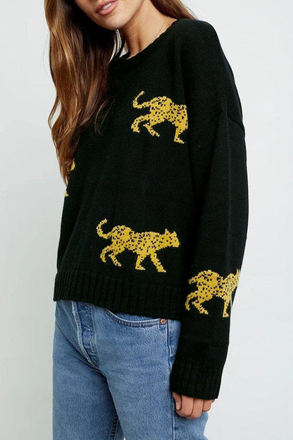 Black Cheetah Pattern Knit Round Neck Sweater - L & M Kee, LLC