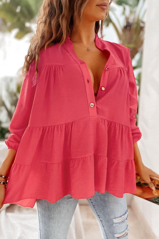 Half Buttoned Ruffle Tiered Long Sleeve Blouse - L & M Kee, LLC