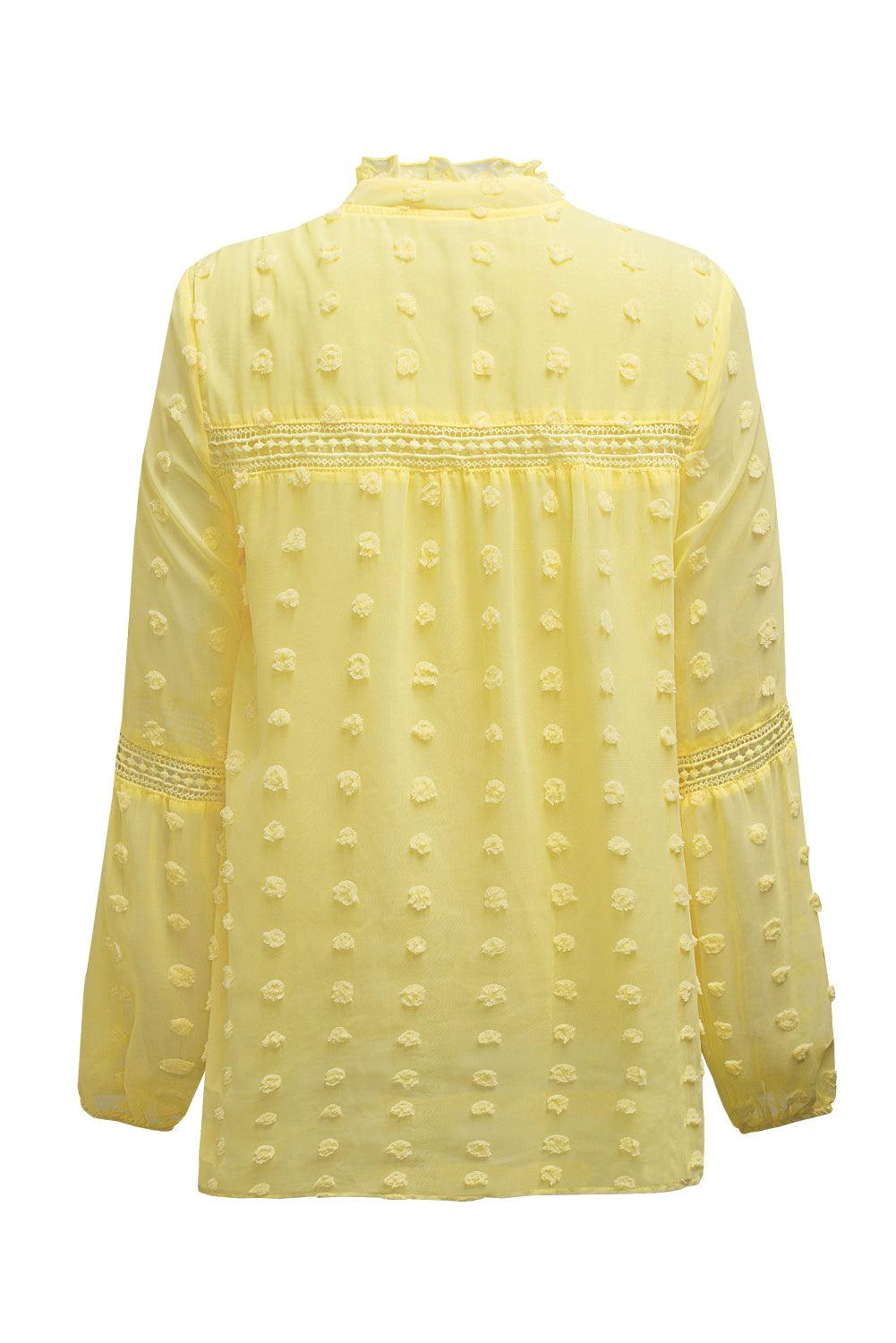 Blue Ruffled Split Neck Lace Hollow Out Puff Sleeve Polka Dot Blouse - L & M Kee, LLC