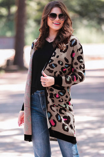 Leopard Contrast Trim Pocketed Open Cardigan - L & M Kee, LLC