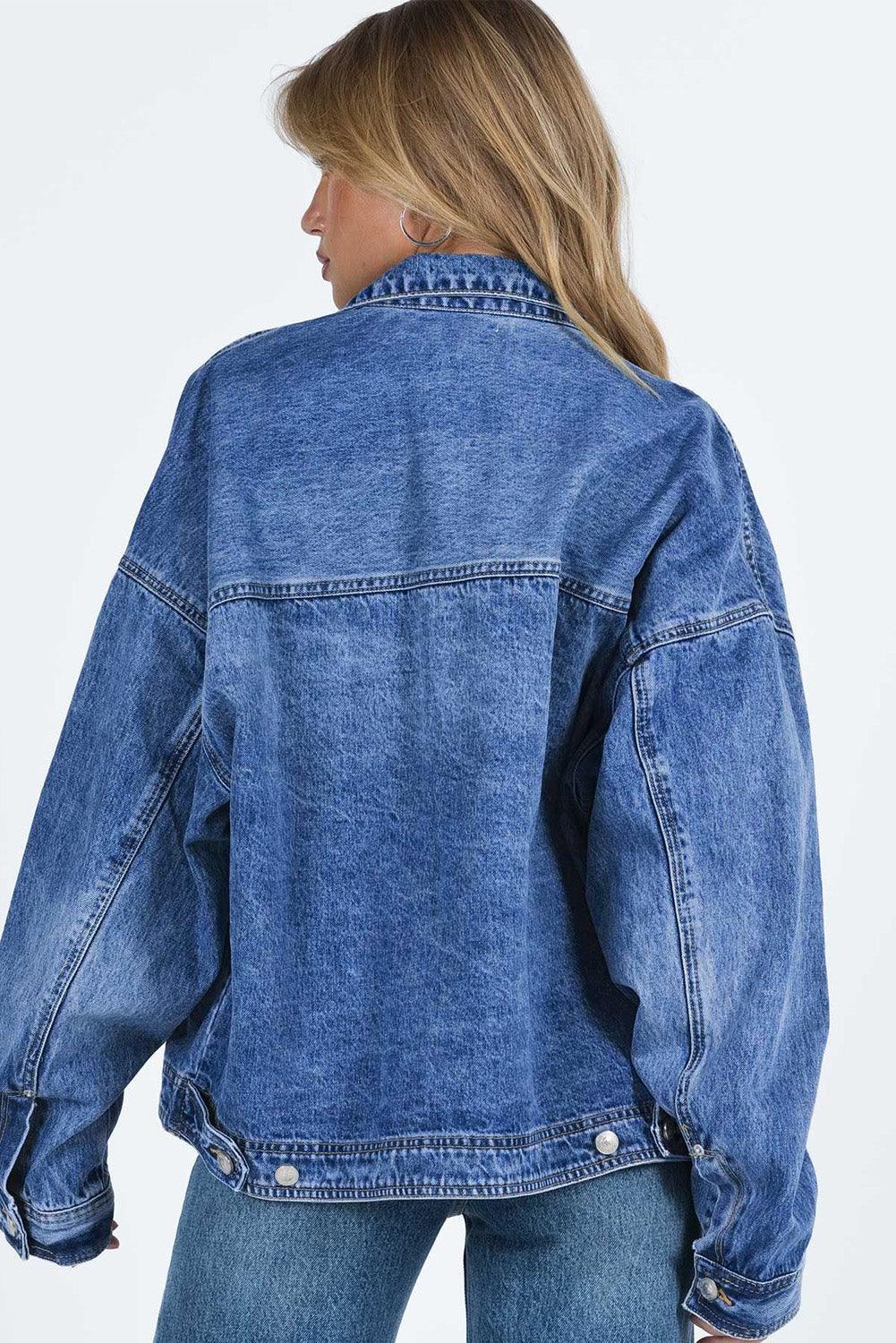 Blue Chest Pockets Drop Shoulder Loose Denim Jacket - L & M Kee, LLC