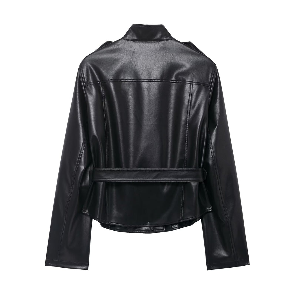 Jacket+high waisted faux leather flared pants