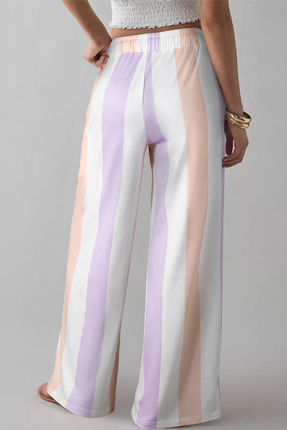 Purple Stripe Multicolored Print Drawstring Loose Pants with Side Pockets