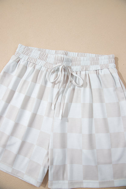 Beige Checkered V Neck Tee Drawstring Shorts Lounge Set